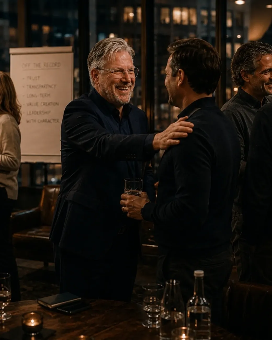 Twee commercieel leiders in gesprek tijdens een avondbijeenkomst van Salesbazen, met op de flip-over de uitgangspunten vertrouwen, transparantie, lange termijn, waardecreatie en leiderschap met karakter