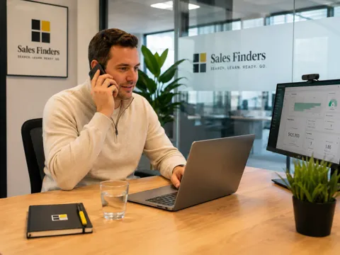 Salesproces inrichten: vijf fases die elke deal doorloopt Accountmanager werkt met de pijplijn op het scherm, bij het artikel Salesproces inrichten: vijf fases die elke deal doorloopt