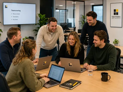 Hoe je koopsignalen herkent voordat de klant zelf belt Salesteam bespreekt nieuwe leads en de opvolging aan de vergadertafel, bij het artikel Hoe je koopsignalen herkent voordat de klant zelf belt